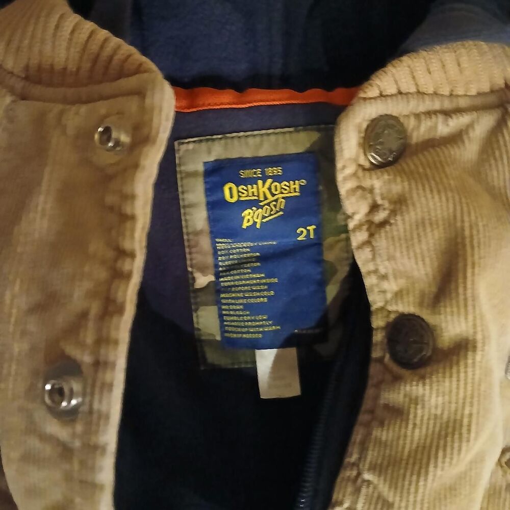 OshKosh tan corduroy bomber jacket zipper snaps navy hood patch 2T classic basic - Picture 6 of 6